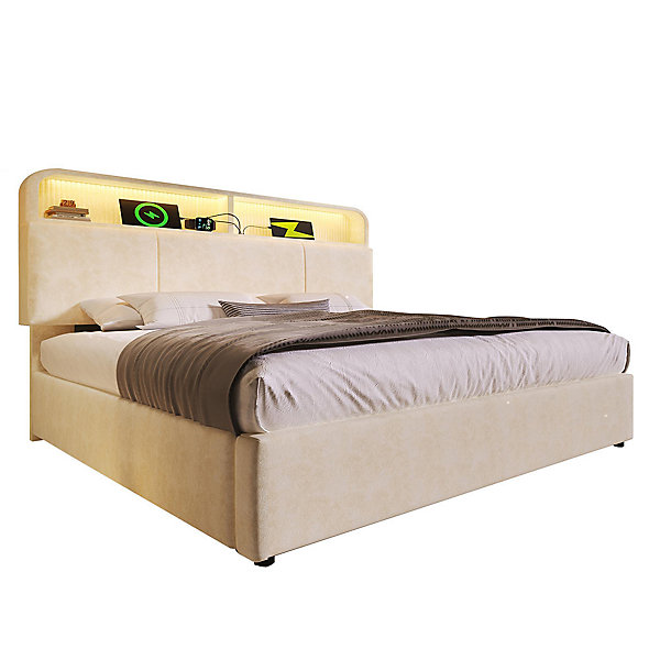 Lit double 140x200 cm, tête réglable, LED/USB, hydraulique, velours - beige