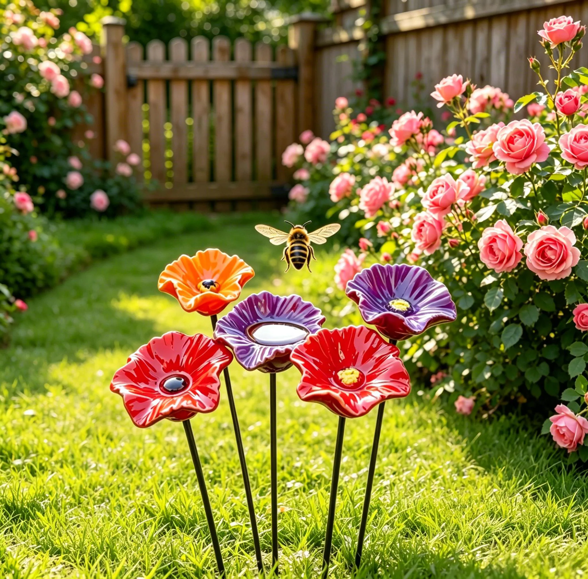 Butterfly Bee Water Station, Ceramic Bee Feeder, Outdoor Pollinator Insect Water Station, Garden Stake, Poppy Flowers, 4 Pack