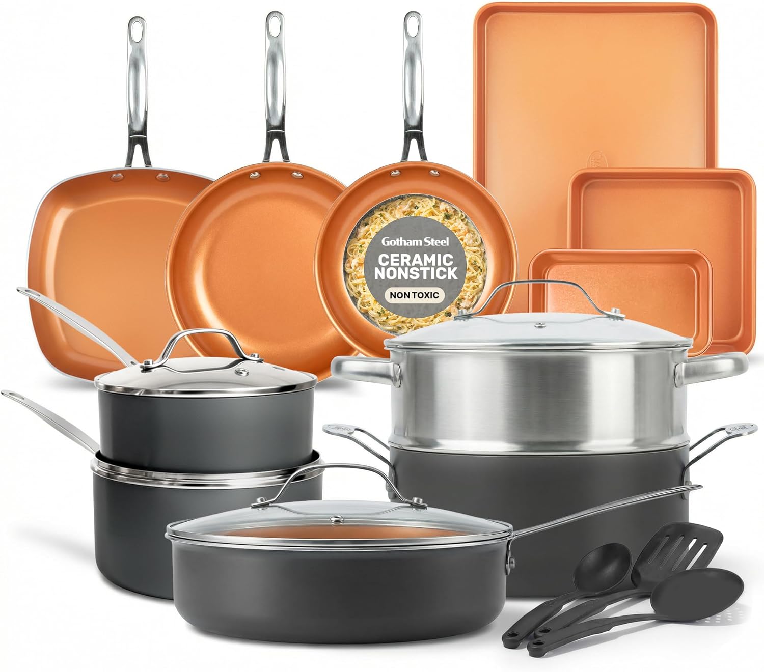 GOTHAM STEEL 20 Pc Ceramic Cookware Set, Copper Pots and Pans Set Non Stick with Bakeware, Cooking Utensils, and Steamer, Oven and Dishwasher Safe