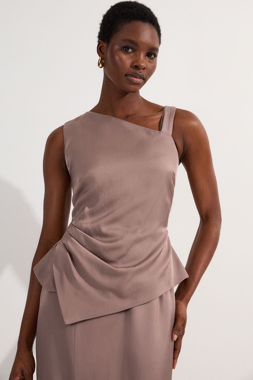 KarenMillen Petite Premium Viscose Linen Asymmetric Neck Tailored Pencil Maxi Dress