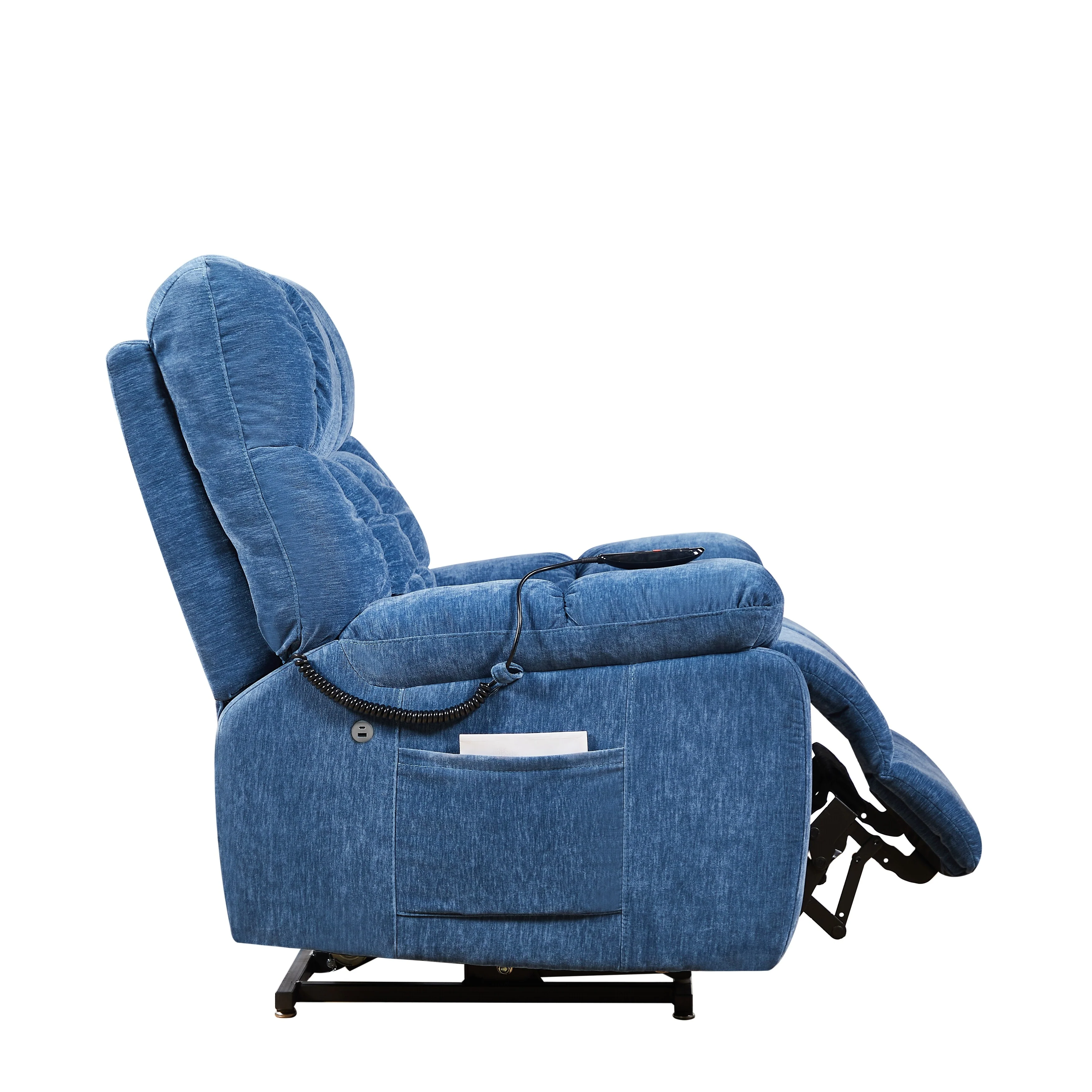 Blue Power Lift Recliner with Dual OKIN Motors, Massage, Lumbar Heating, Adjustable Positions, and Side Pockets