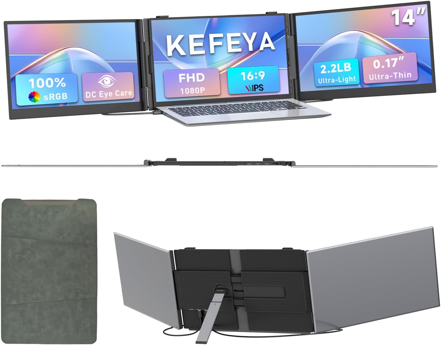 Triple Laptop Screen Extender 0.17 Ultra-Thin  14 1080P FHD Portable Monitor for Laptops 13-17.3  Laptop Monitor Extender 2.2 LB Lightest  USB-C HDMI Plug-Play for Mac Windows PS Switch Work Travel