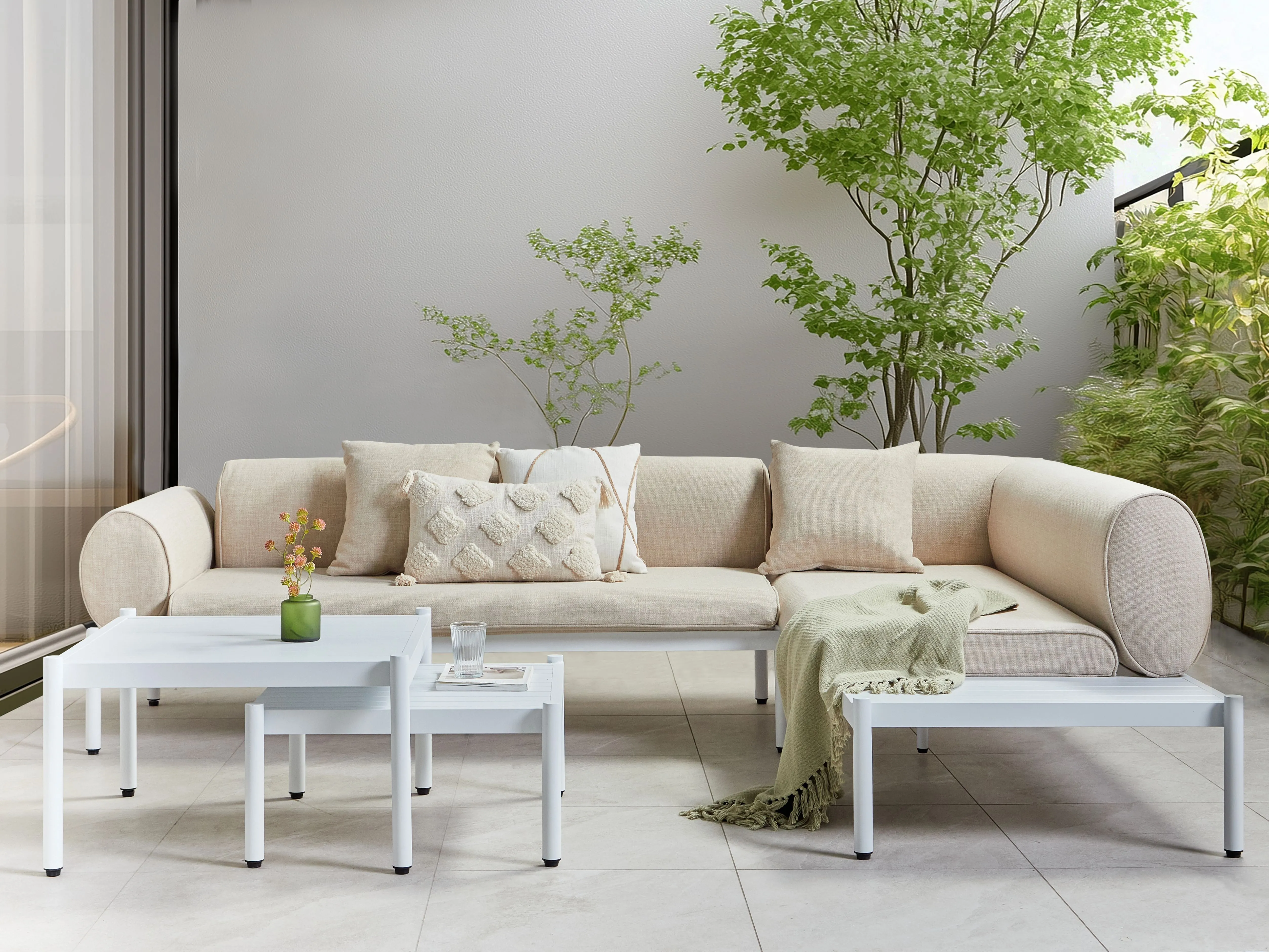 Garden Corner Sofa with Table 5 Seater RASIGLIA Left Hand Metal Beige