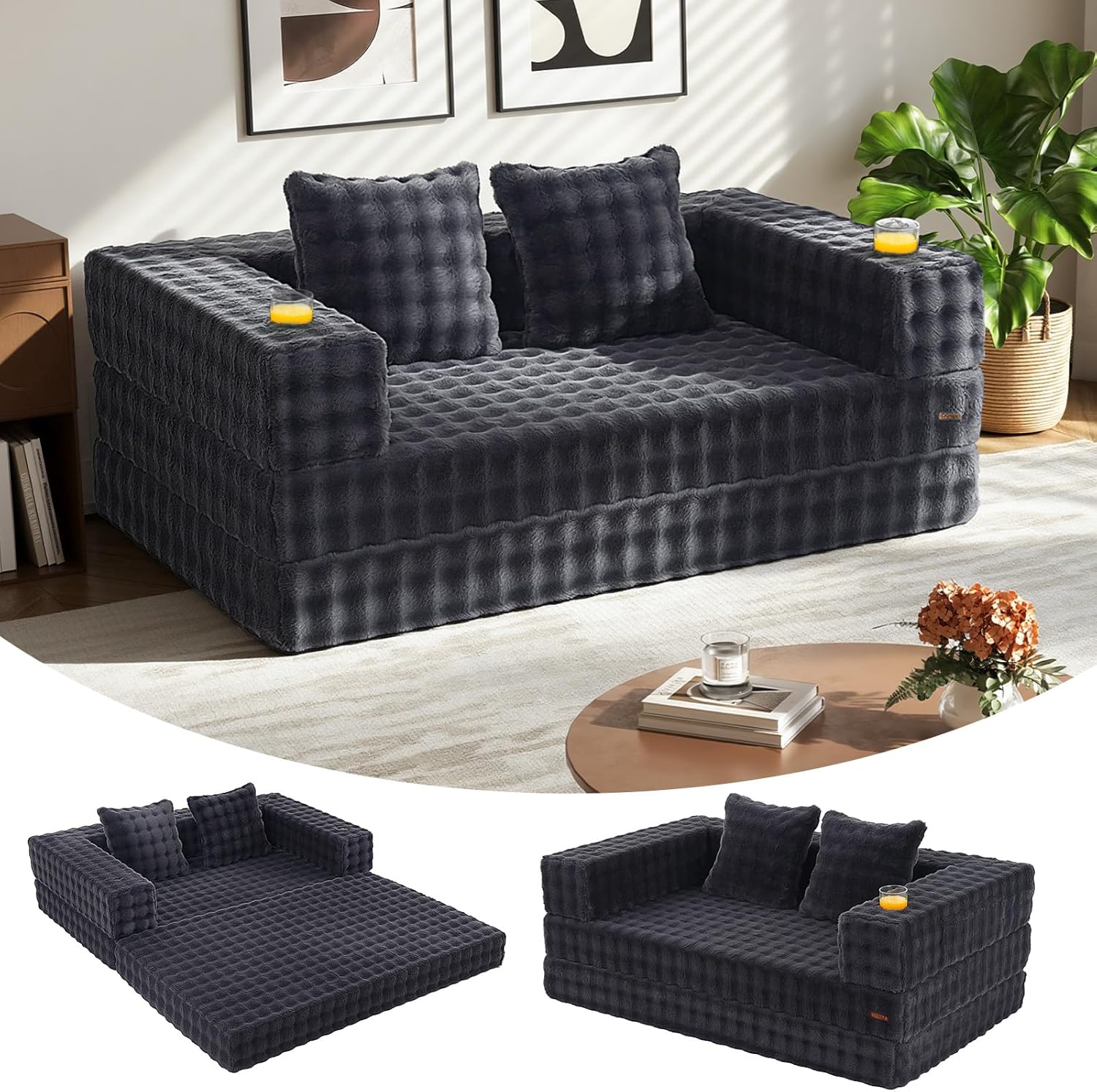 COMAX Futon Sofa Bed, 4‑in‑1 Convertible Sofa Bed, Folding Boneless Couches for Living Room, Fold Out Small Foldable Loveseat Floor Sleeper Comfy Mattress Lounge Space‑Saving, Ash Gray