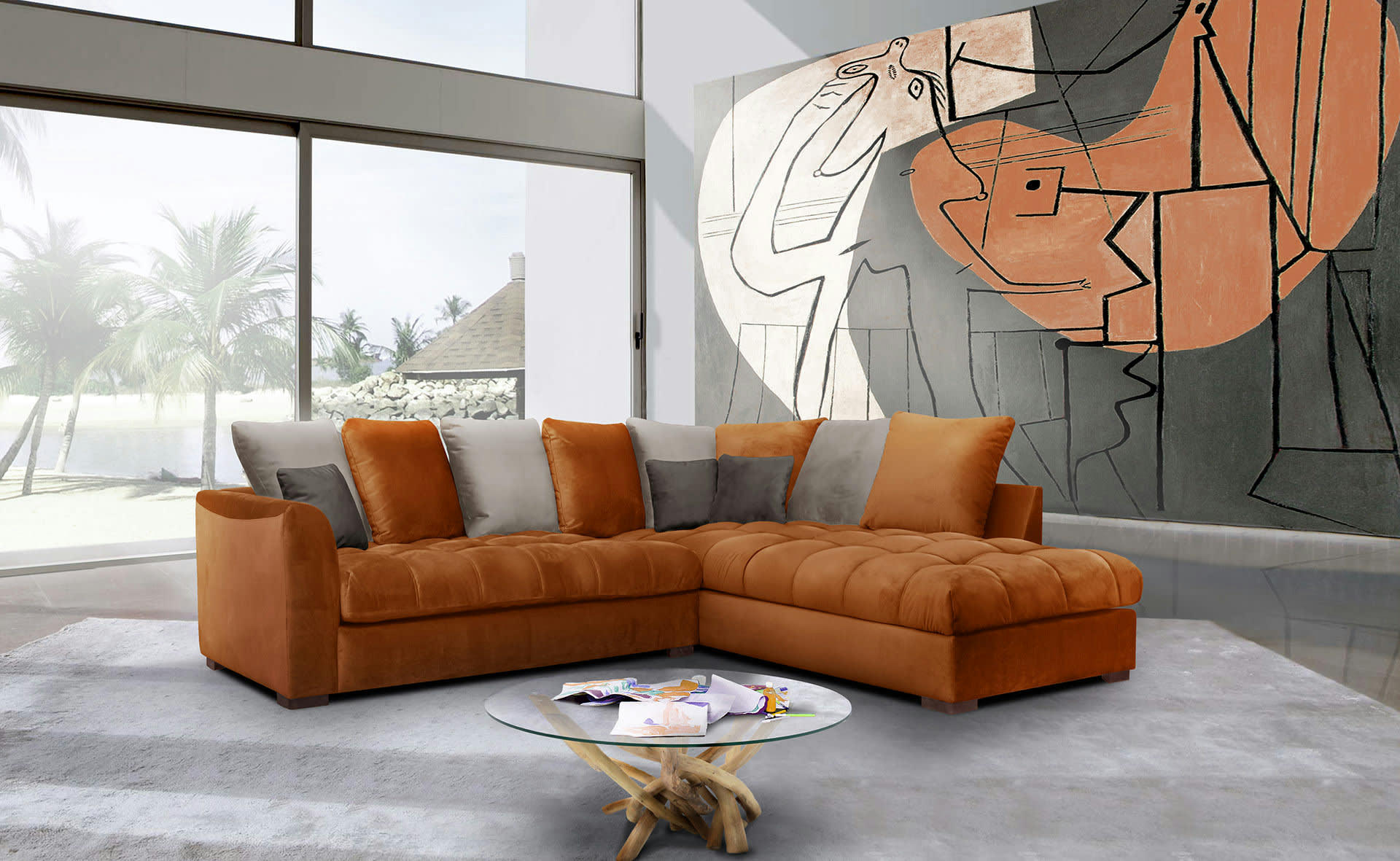 BARDI - Canapé d'angle droit 5 places tissu orange