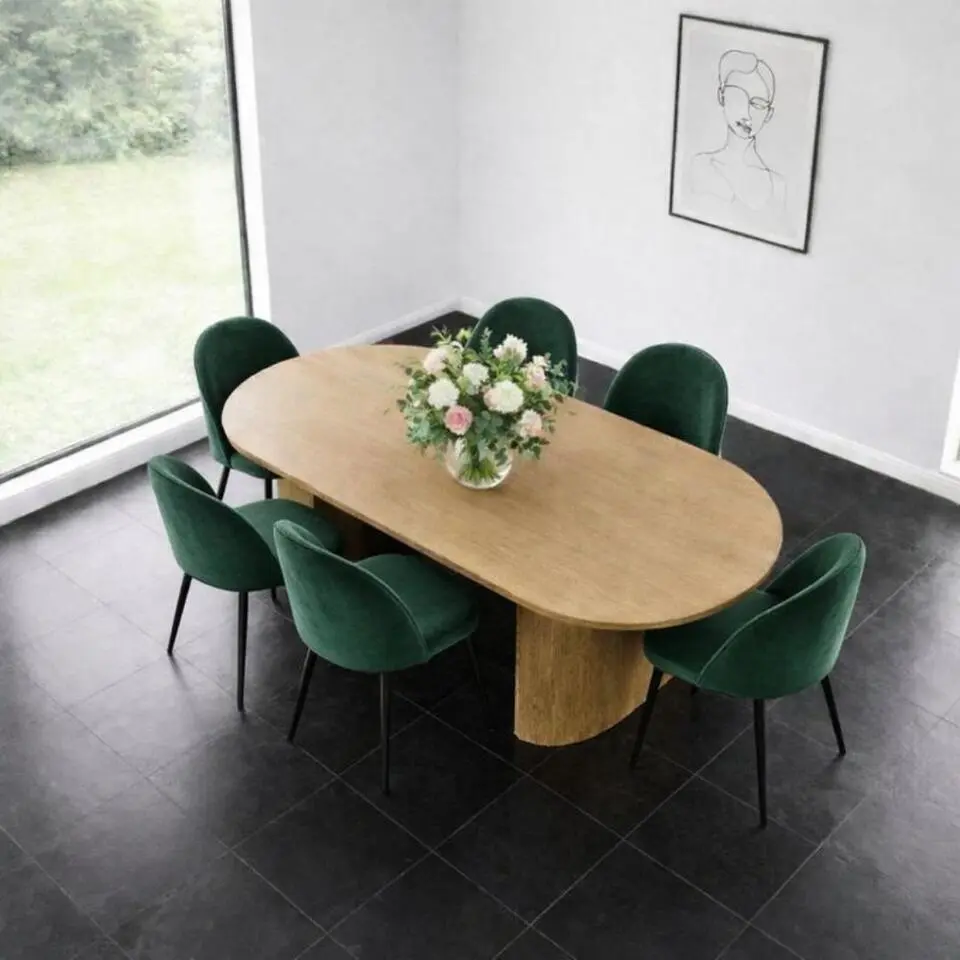 Hioshop Kyoto eethoek eettafel 100x210cm natuur- 6 stoelen velours groen
