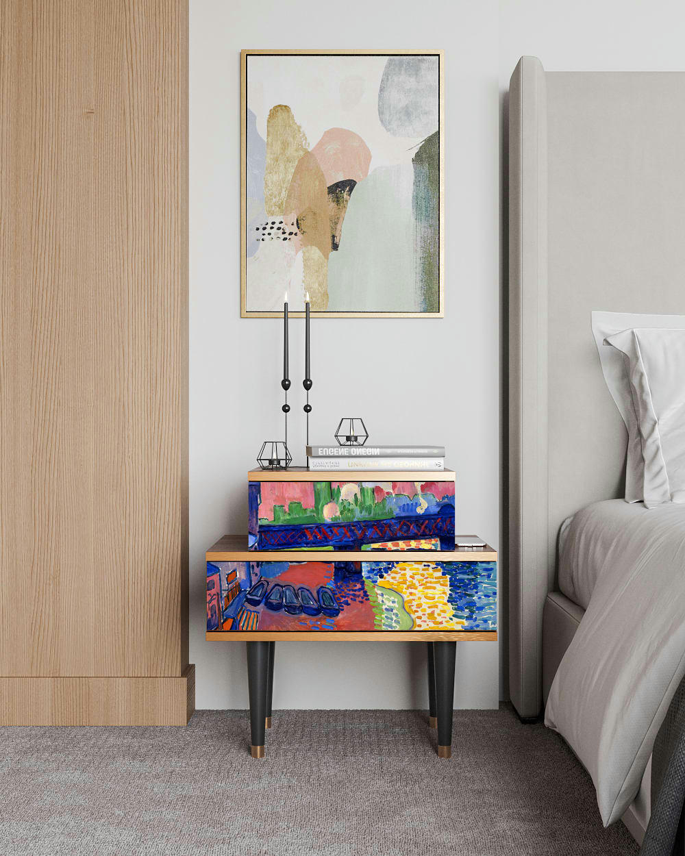 CHARING CROSS BRIDGE BY ANDRE DEAIN - Table de chevet multicolore 2 tiroirs L 58 cm