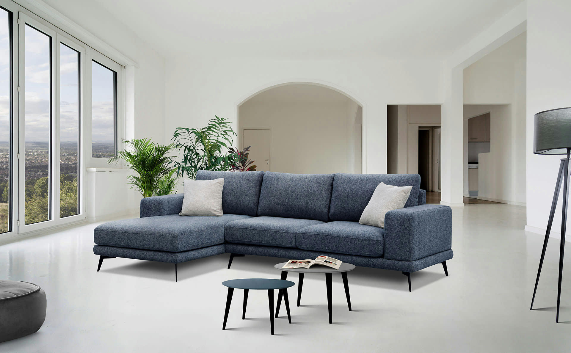 MEDIOLANE - Canapé d'angle gauche 4 places tissu bleu foncé