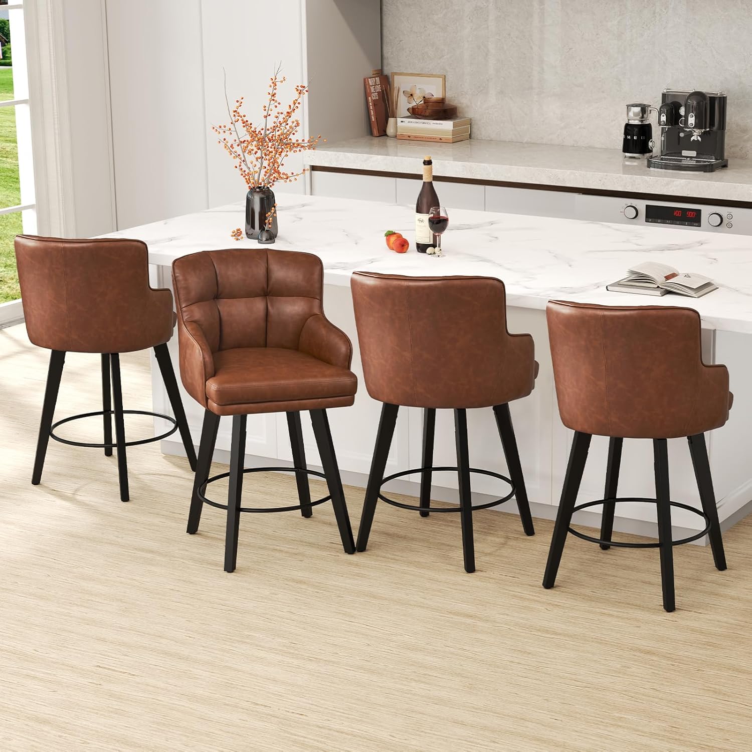 360°Swivel Counter Height Bar Stools with Back, 26 inch Solid Wood Legs, Bar Stool Modern Kitchen Island Chairs, Faux Leather (Brown- Faux Leather, 26 H- Set of 4)