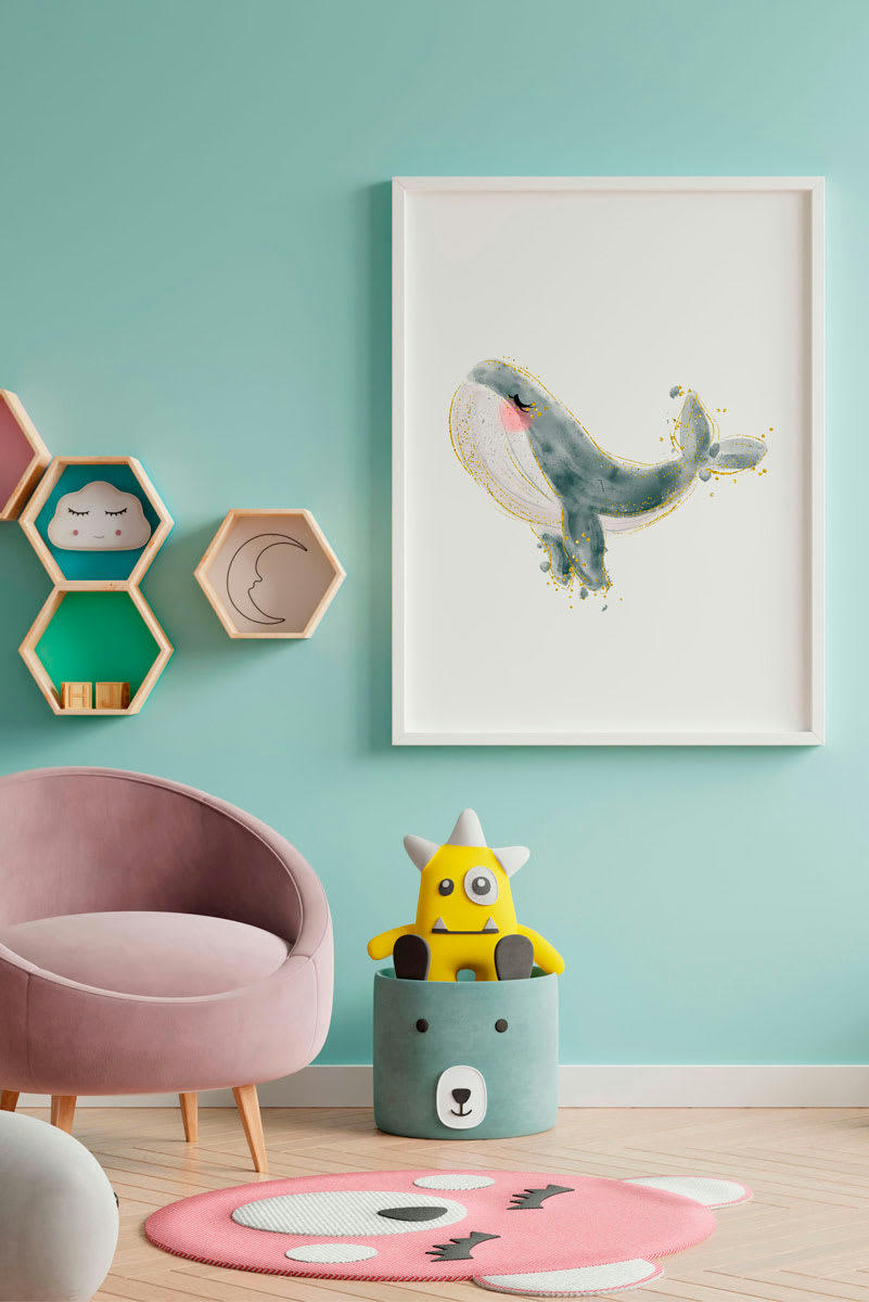 DECOWALL - Impression de baleine grise encadrée en bois blanc 43X33 cm