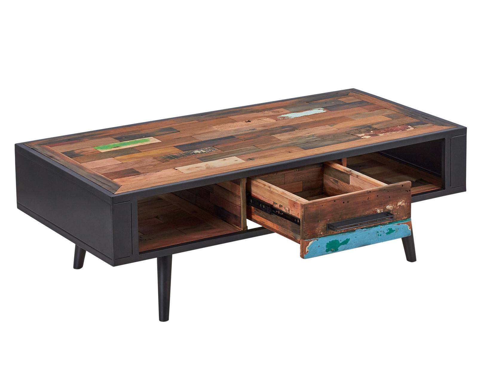 Table basse rectangulaire 1 tiroir 2 niches bois recyclé DRAKKAR