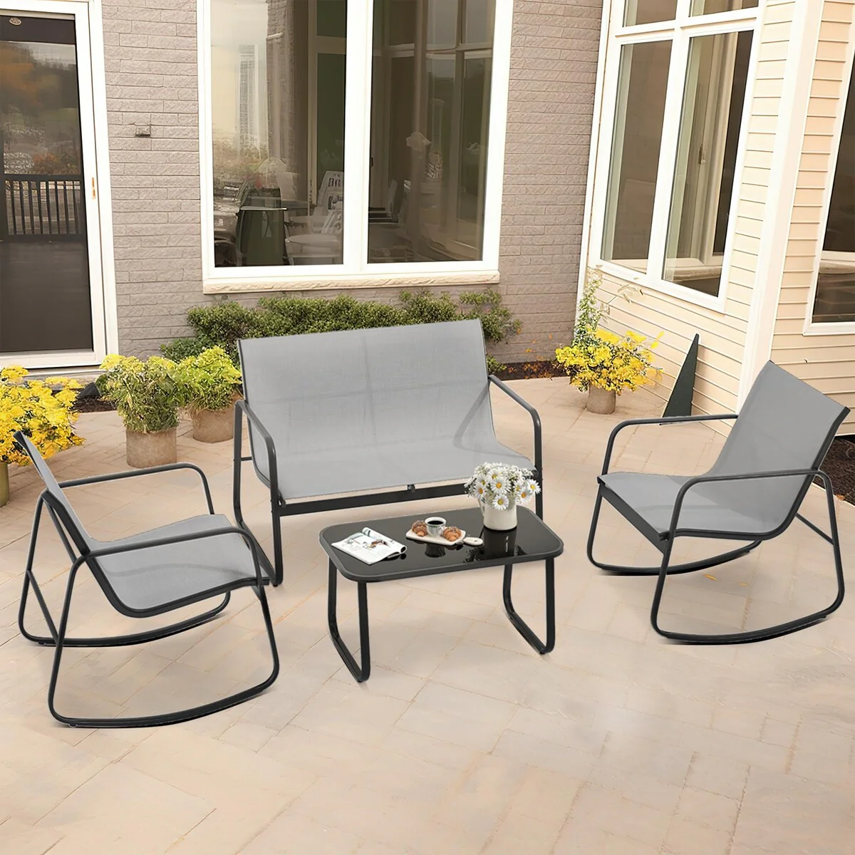 Moasis 4 Piece Outdoor Patio Conversation Set with Bistro Rocking Chairs,Loveseat and Glass Table