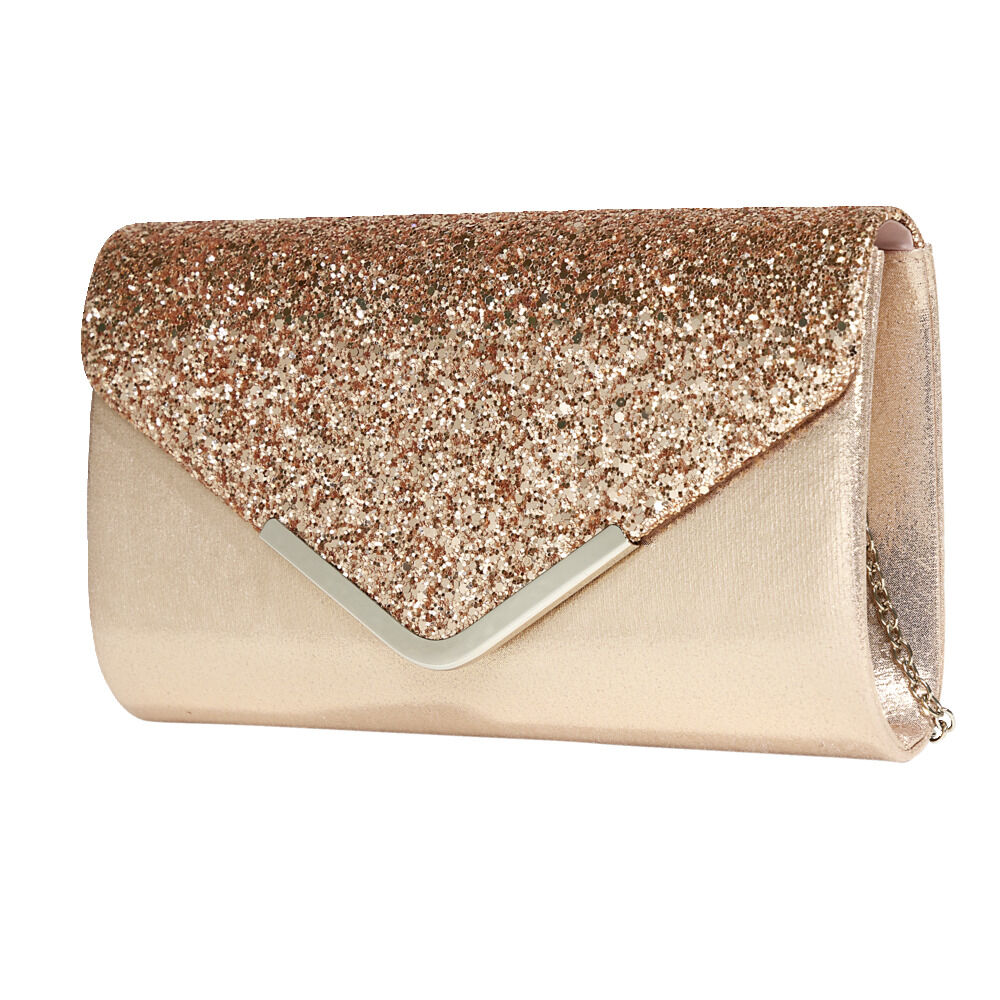 Sac pochette de soirée satiné et pailleté 24x5,6xH14cm - 2 modèles noir ou doré