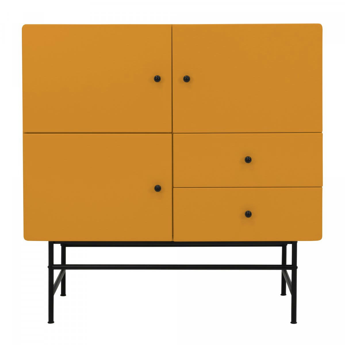 CHUCK - Buffet haut moderne en bois et métal 3 placards 2 tiroirs moutarde