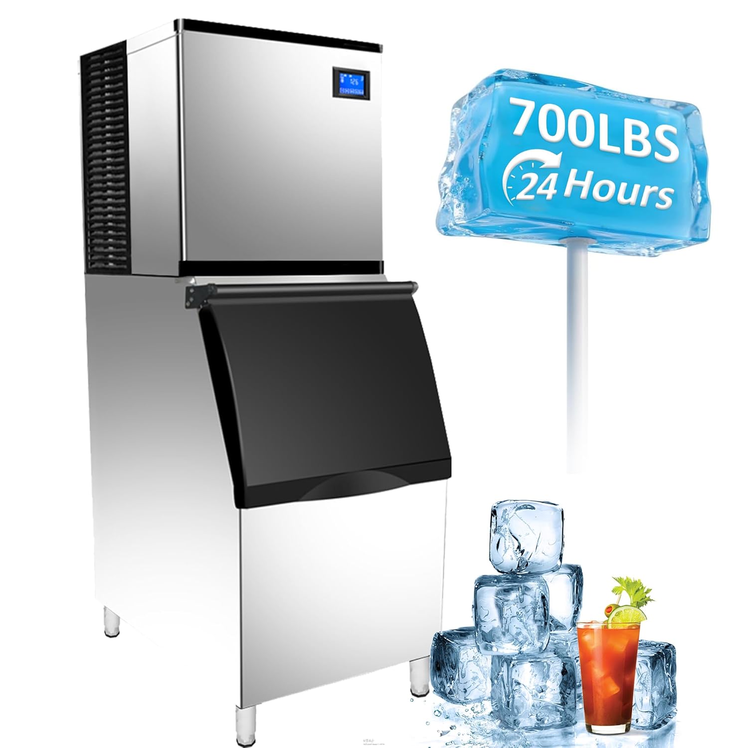 Commercial Ice Maker Machine 700lbs/24H, 220V Automatic Ice Machine with 440lbs Storage, LED Control, One-Button Cleaning, Stainless Steel, Clear Ice Cubes for Bars, Restaurants, Cafes