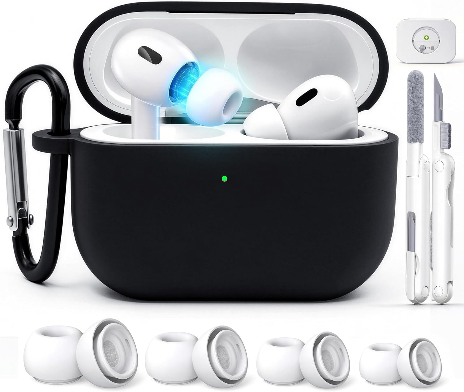 MOVDUUD 5-in-1 AirPods Pro 2 Case Bundle: Wireless Charging Compatible Silicone Cover with 4 Pairs Ear Tips (XS/S/M/L), 3-in-1 Cleaning Pen & Keychain for AirPods Pro 2nd/1st Gen