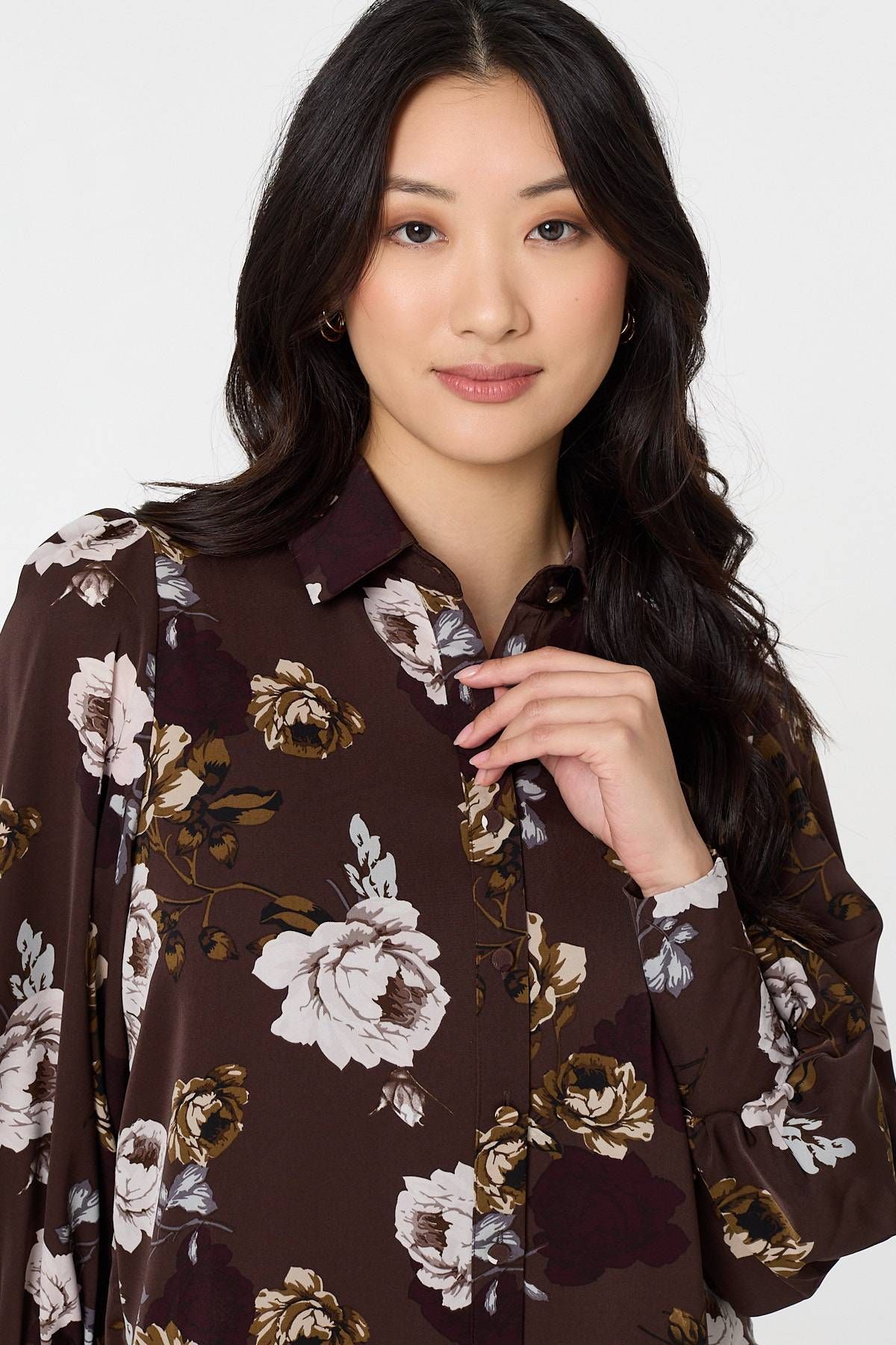 Izabel London Floral Balloon Sleeve Semi Sheer Shirt