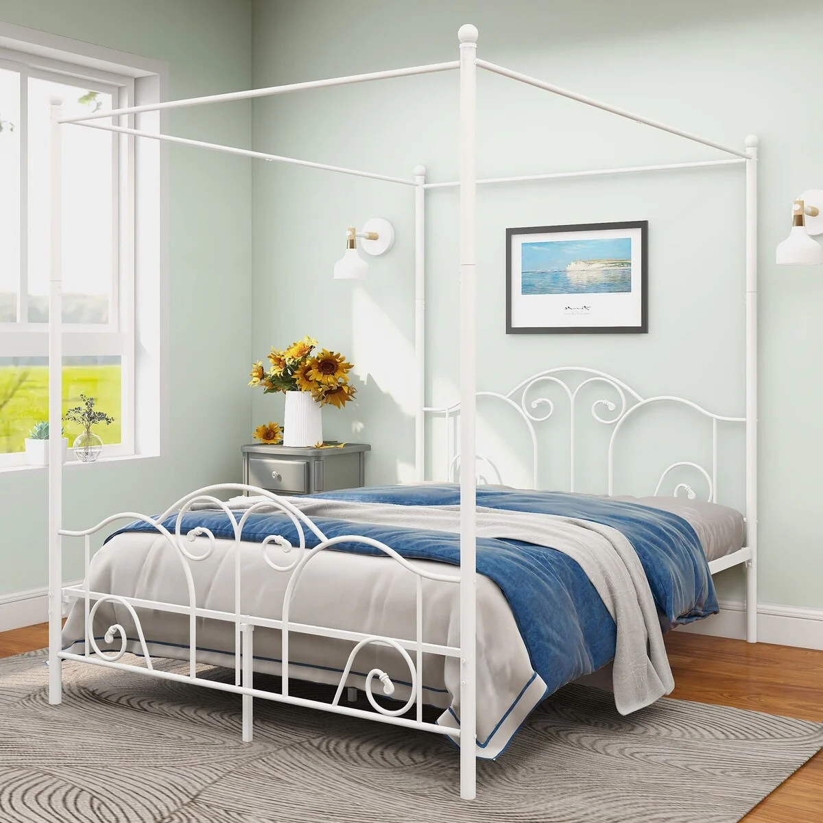 Alazyhome Canopy Metal Bed Frame, Metal Slat Support