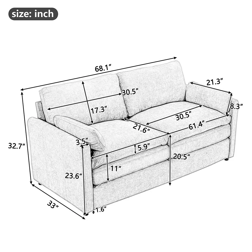 68.1 Sofa,Plush Oversized Loveseat,Comfy Cushion,Living Room Couch