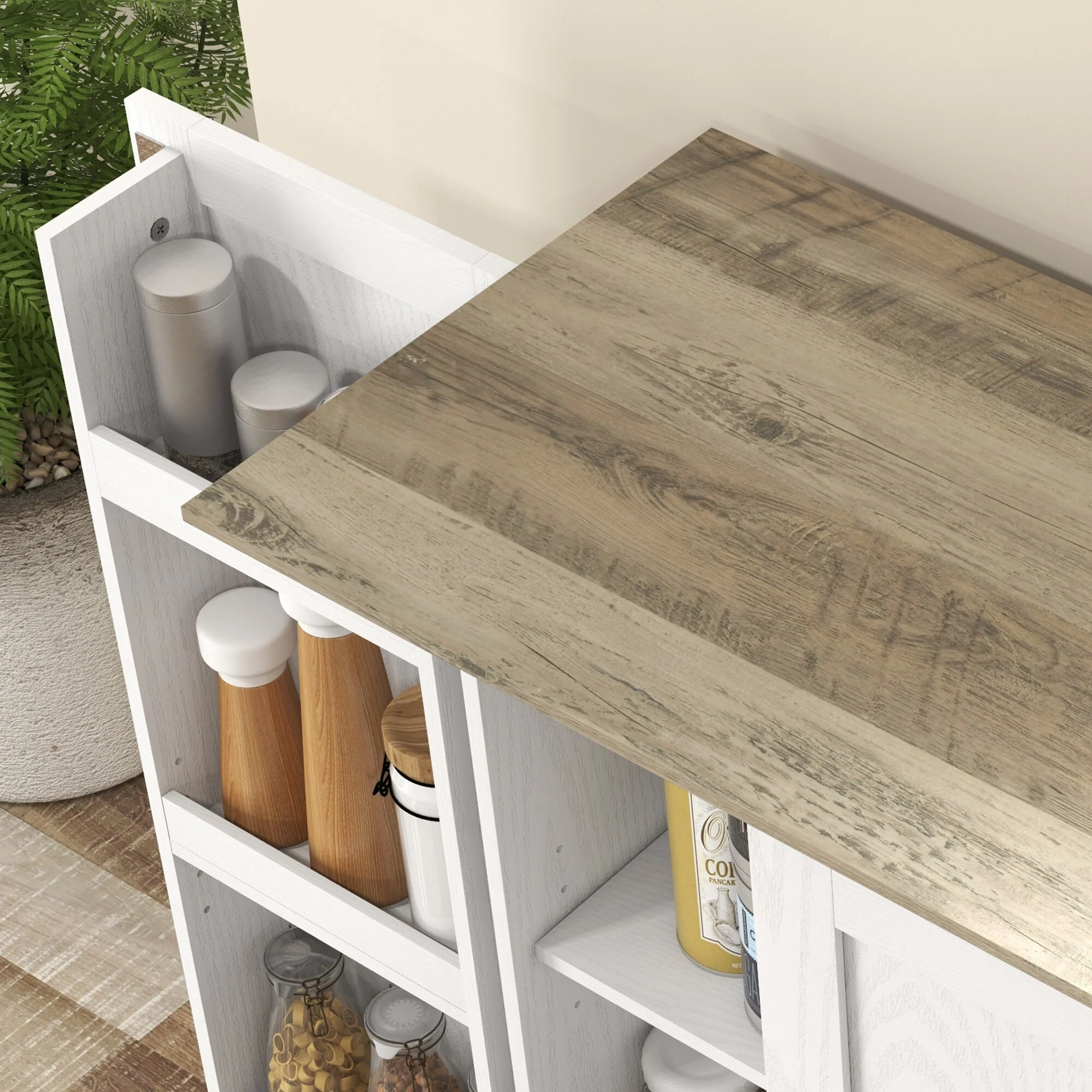 Modern Tall Storage Cabinet with 6 Spice Racks and Adjustable Shelves for Living Room, Dining Room