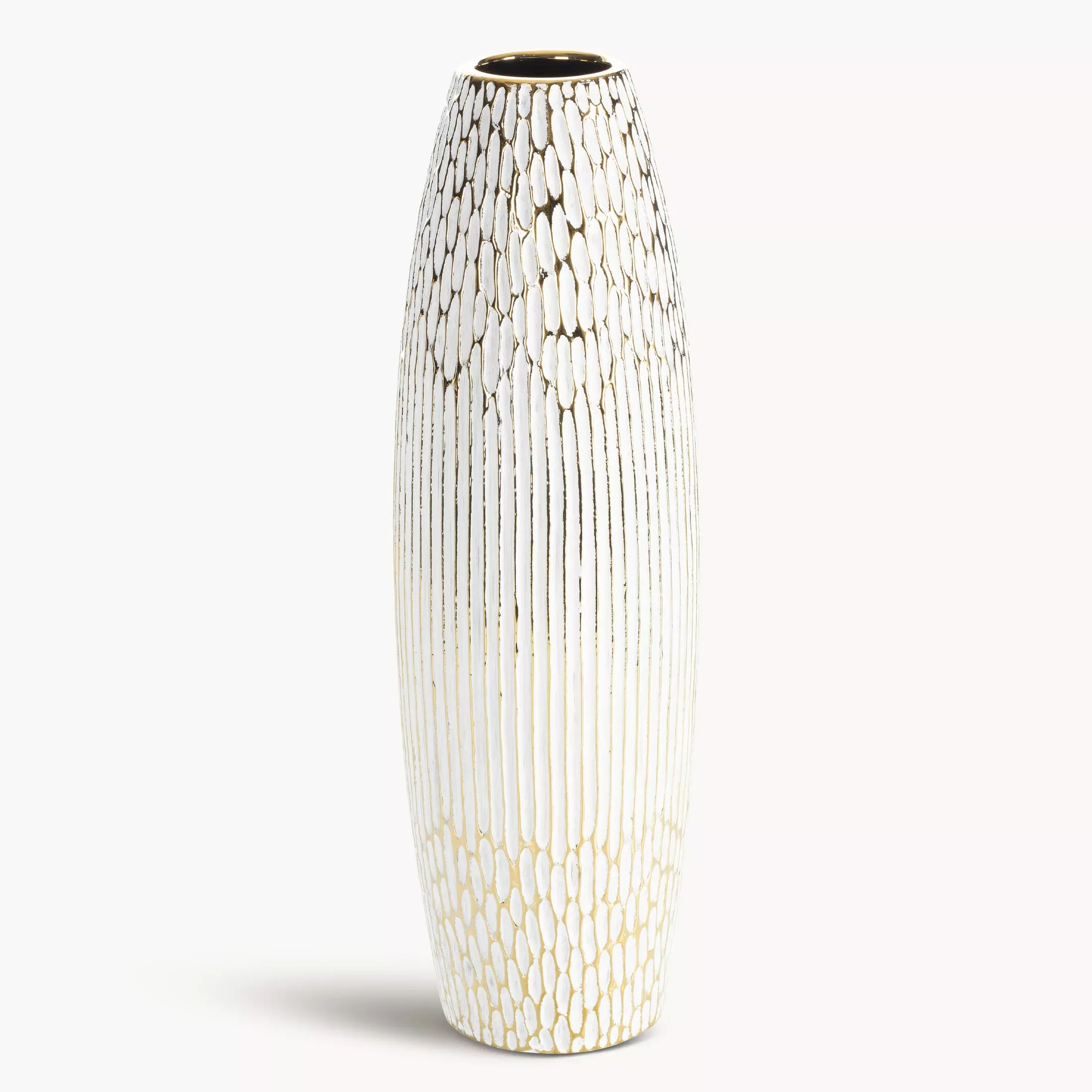 Wazon ceramiczny biało, złoty o ozdobnej fakturze 15x50 cm ANDREA
