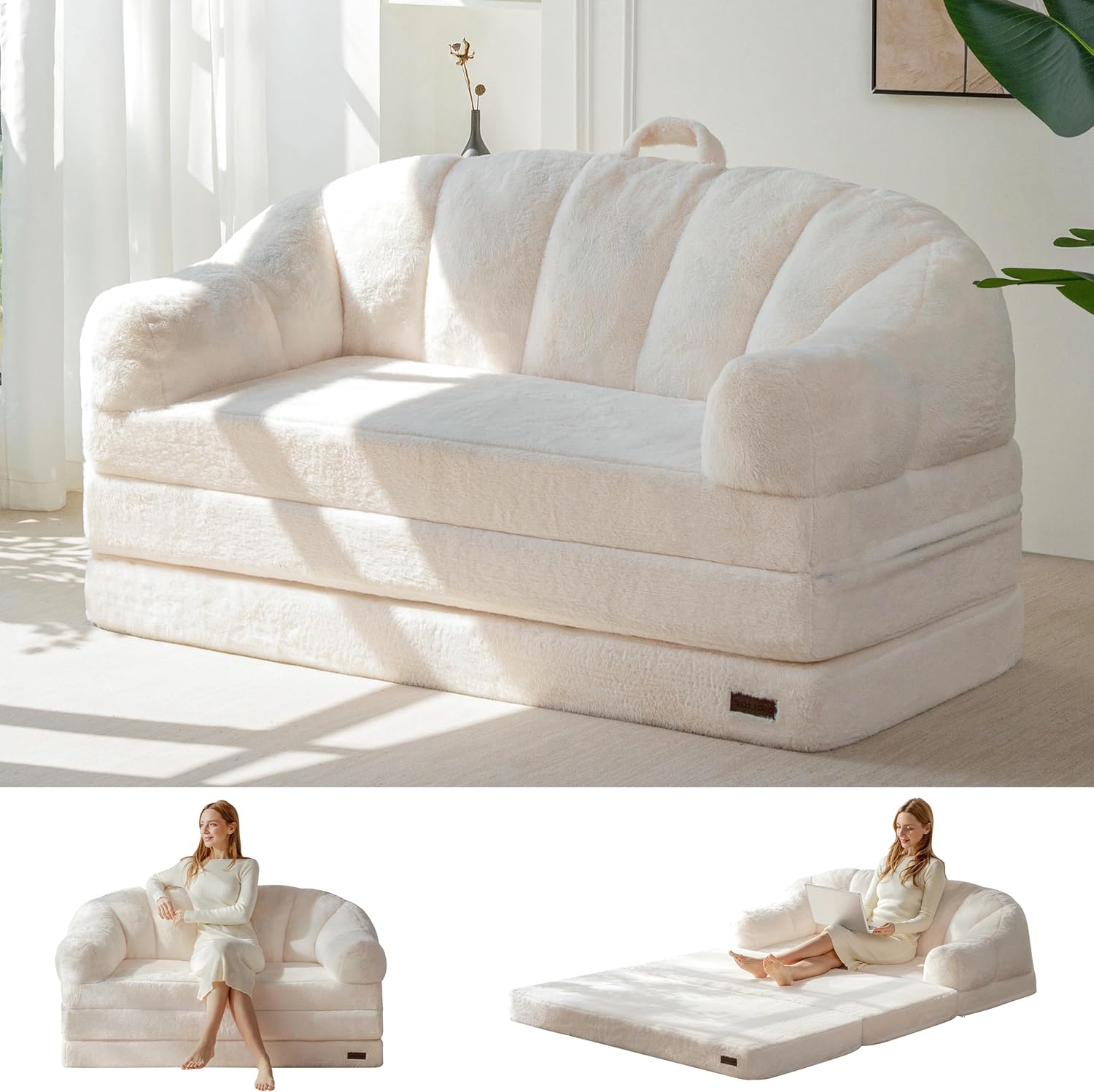 MAXYOYO Folding Sofa Bed, 2 in 1 Convertible Sofa to Lounger Comfy Loveseat Bean Bag Chair for Adults, Floor Sleeper Couch with Handle, Faux Fur Couch Bed for Living Room Bedroom, Beige, Loveseat