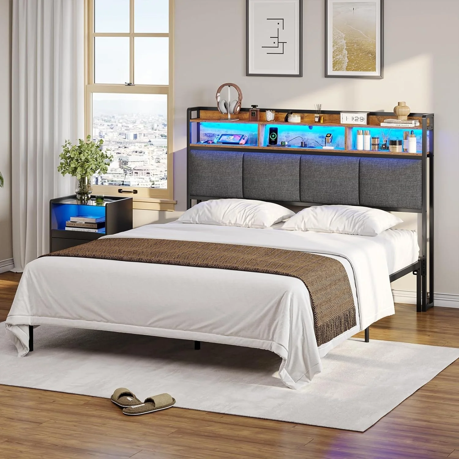 Storage Headboard Only LED Lights & Charging Station Backrest