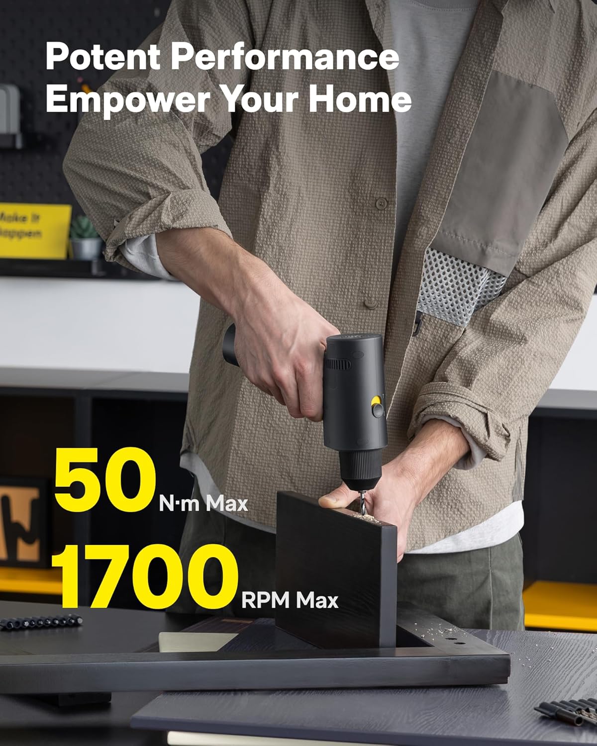 HOTO 16V Brushless Power Drill, 50 N·m High Torque with Smart Display, Auto Mode and LED Light, 10 Bits, 5 Drill Bits, 3/8” Keyless Chuck, Two Working Modes, Perfect for Home Repairs and Projects