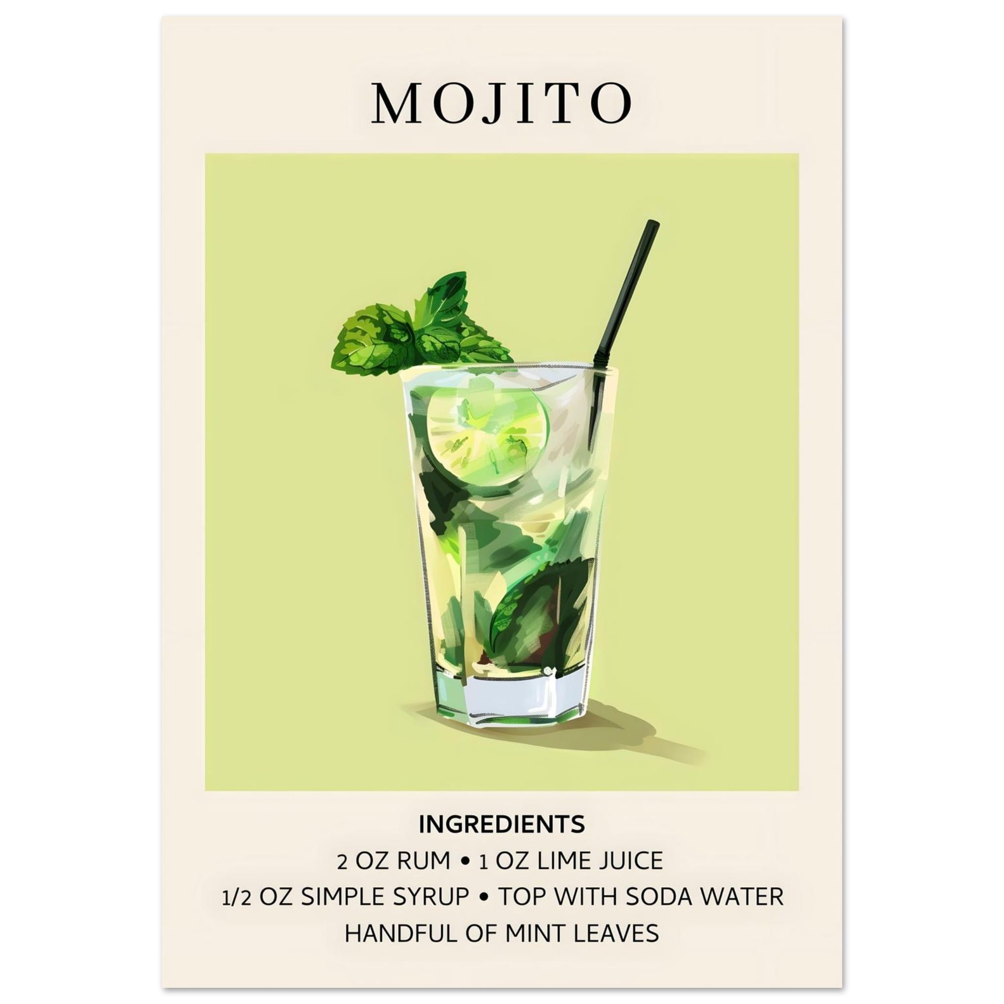 Artfulprints Poster Mojito cocktail - Ingrediënten  - 70x100 cm - Groen