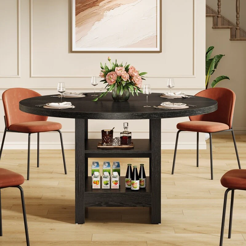 Black Round Dining Table, 47'' Modern Kitchen Table with Storage Shelf
