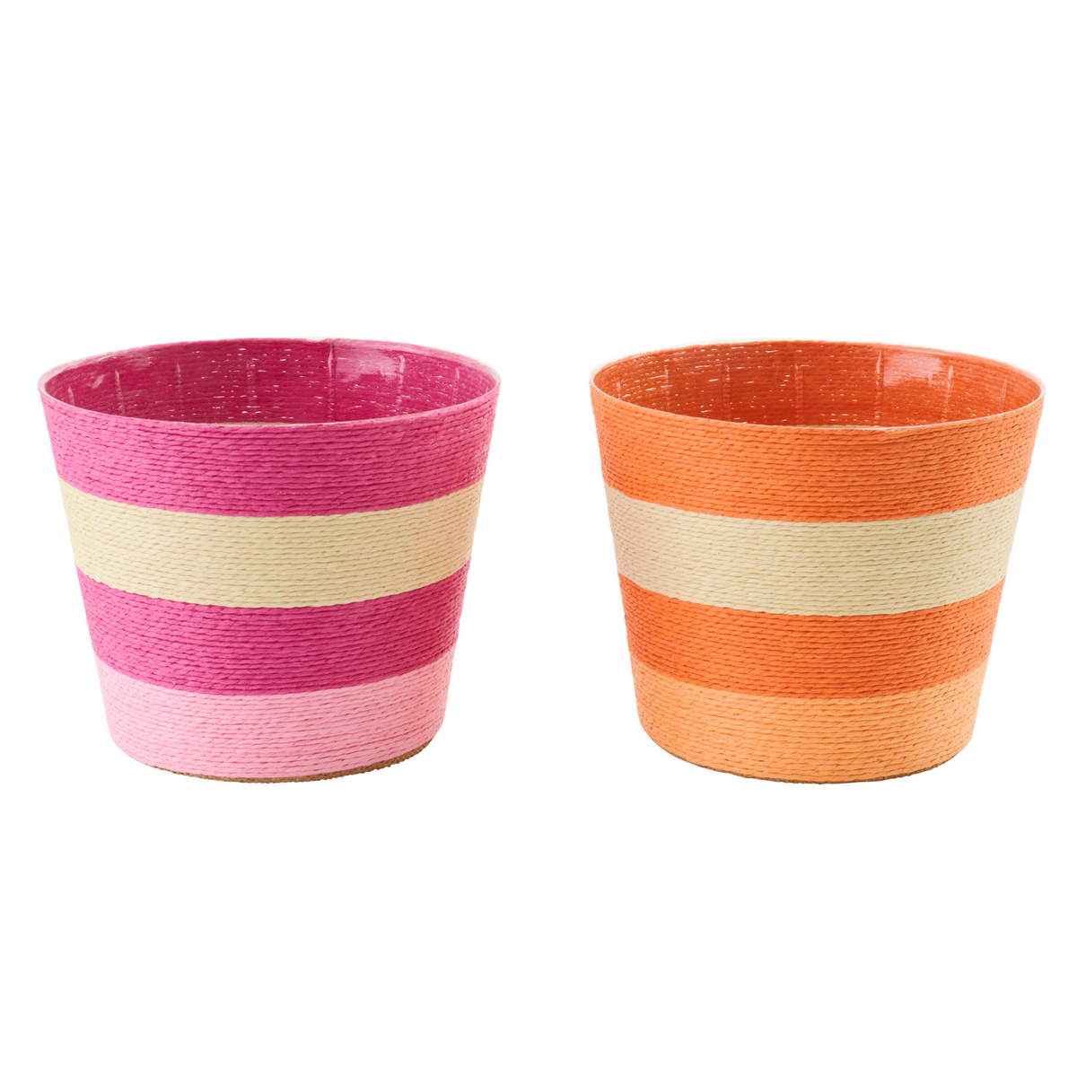 J-Line bloempot Gestreept - papier - roze/oranje - large - set van 2