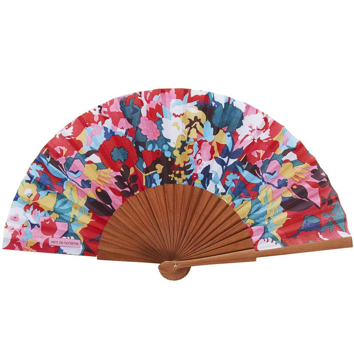 JAVA - Éventail en bois de merisier et coton imprimé design fleuri