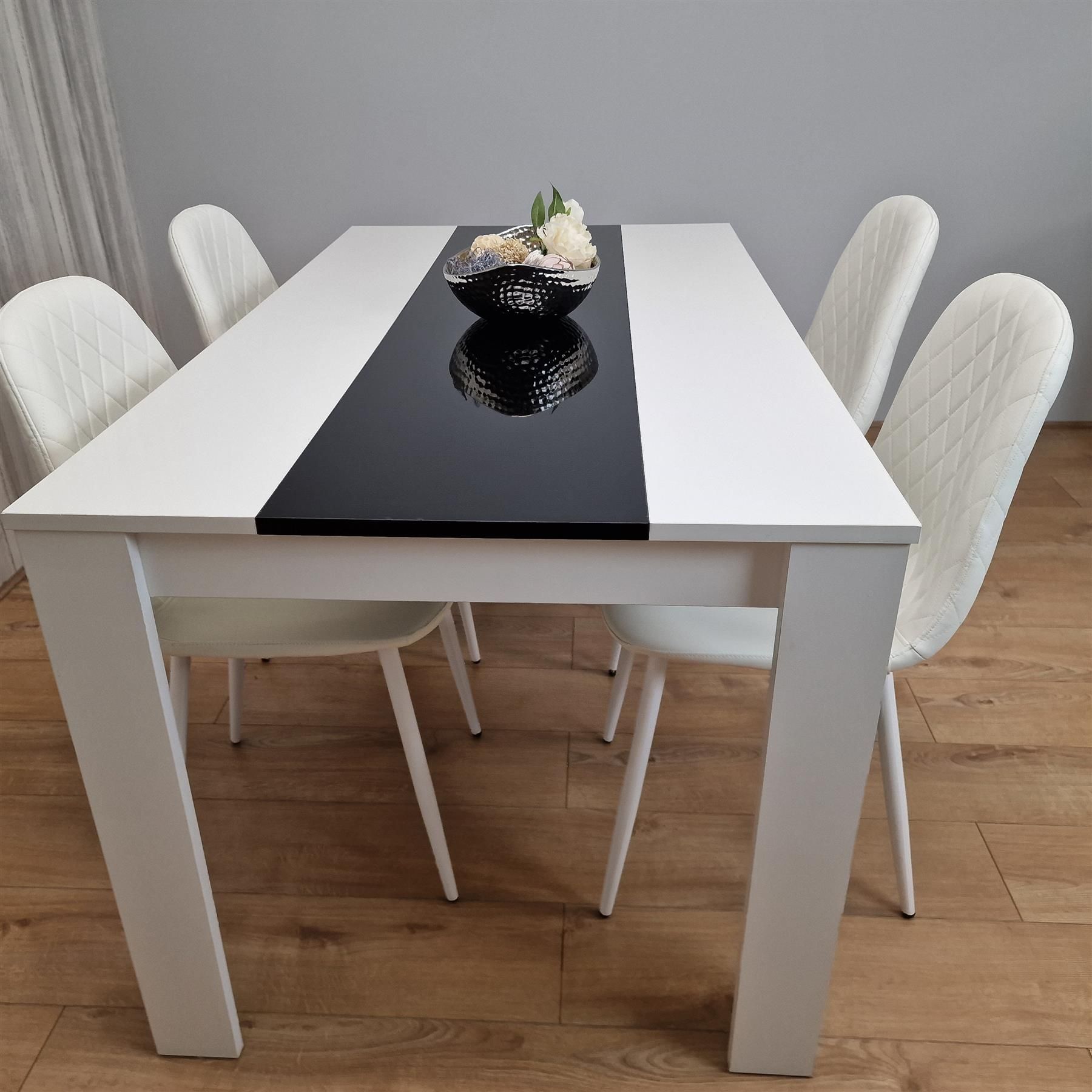 KOSY KOALA Dining Table Set White And Black Table With 4 White Gem Pattern Chairs Dining Room Furniture