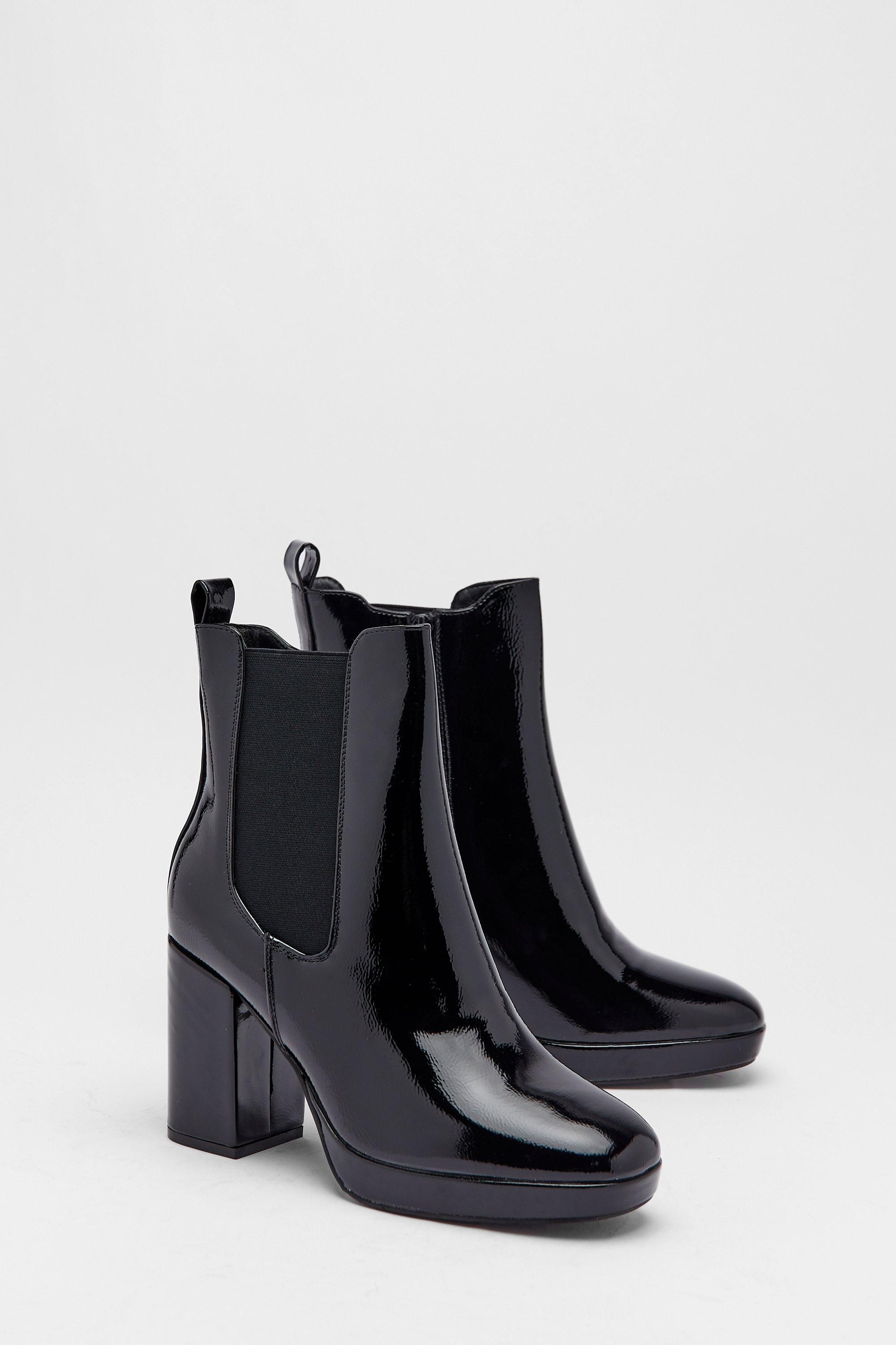 Warehouse Patent Heeled Platform Chelsea Boots