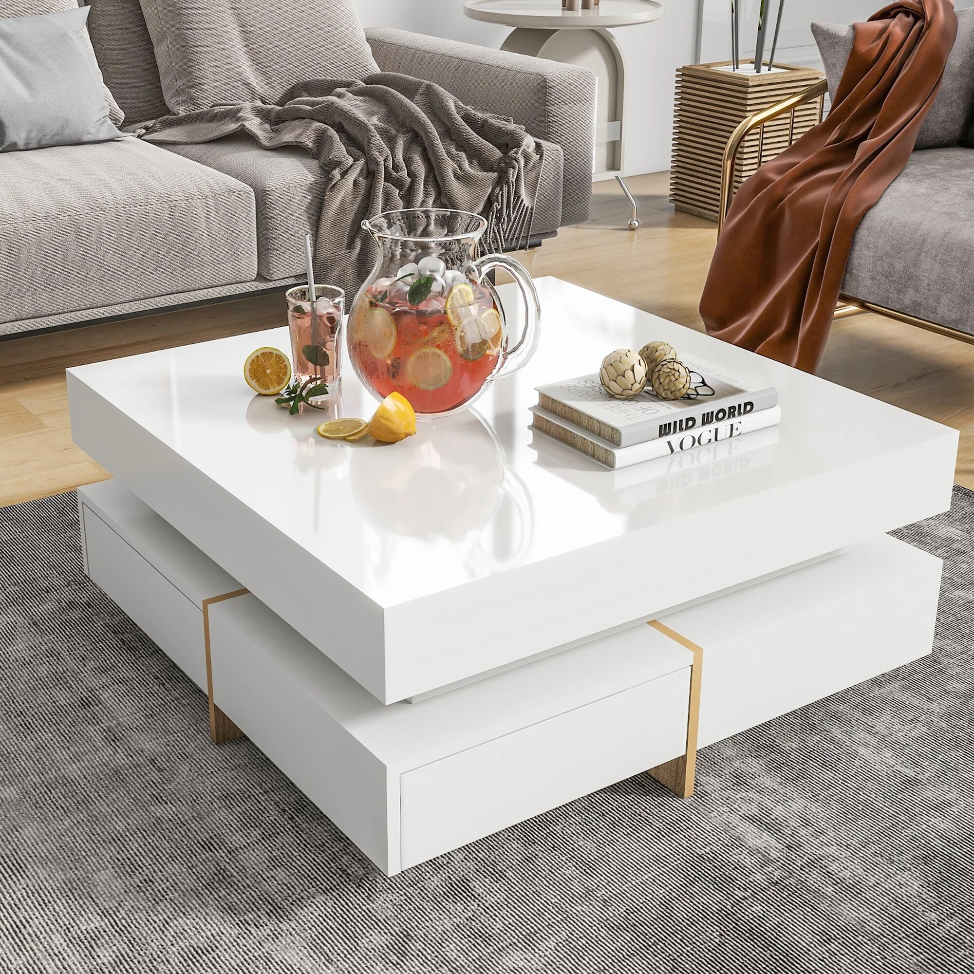 High Gloss Storage Coffee Table for Indoor with 4 Drawers, Square Cocktail Tea Table with Wood Legs, Office Lounge Table