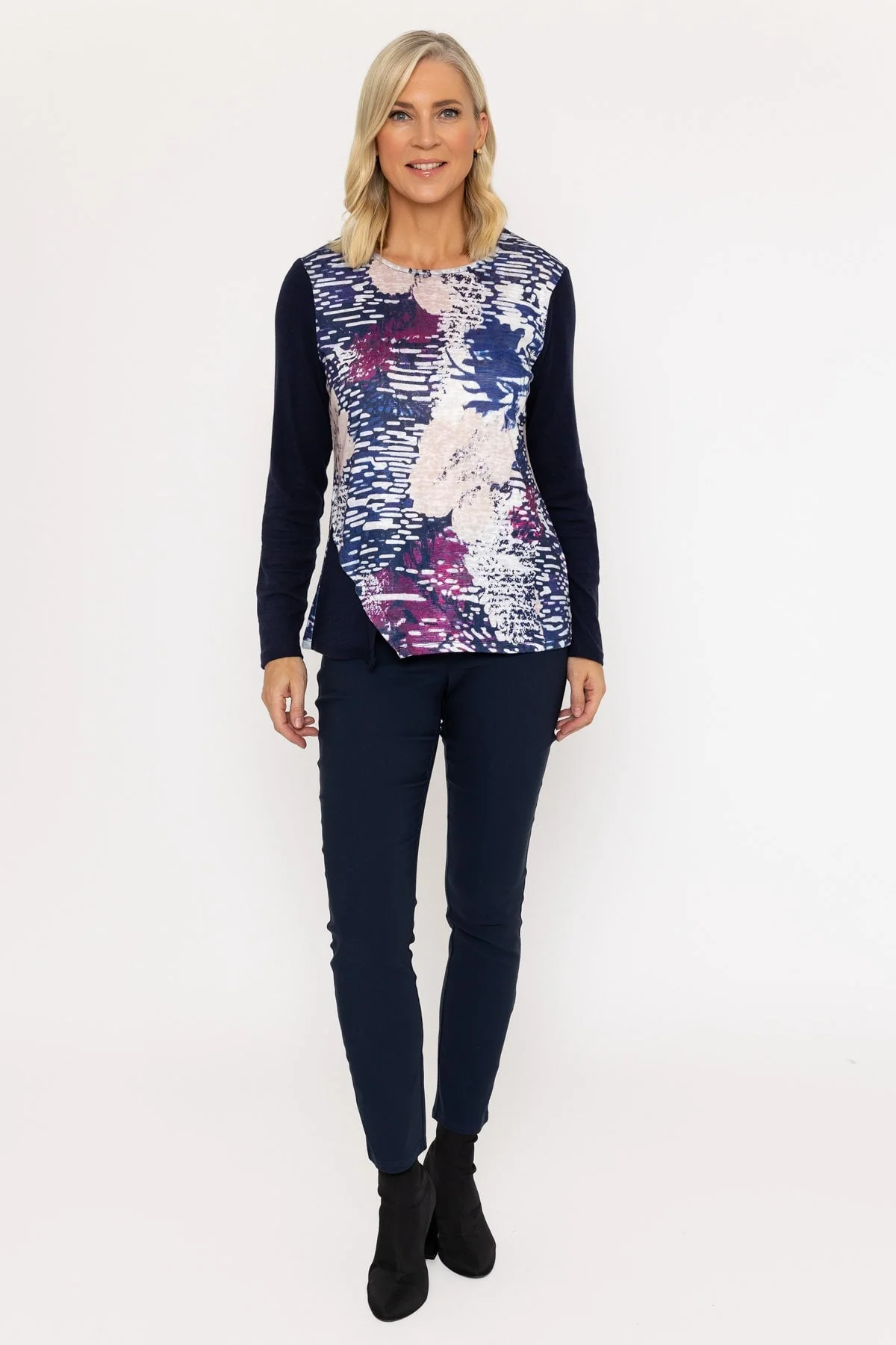 Abstract Print Long Sleeve Navy Top