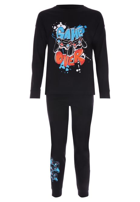 Older Boys Black Game Over Graffiti Long Sleeve Pyjama Set