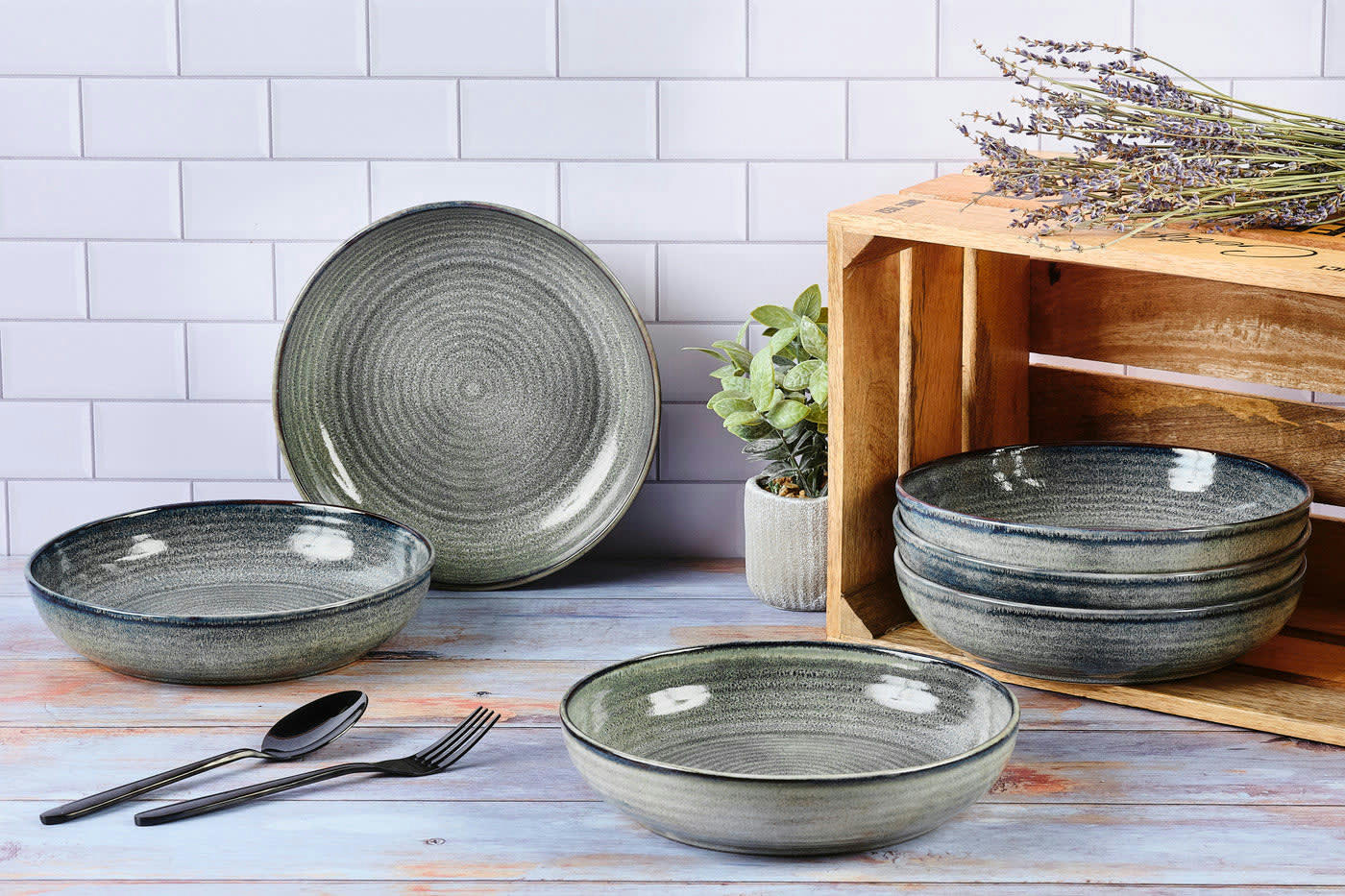 REACTIV - Lot de 6 assiettes creuses en grès gris D22.5
