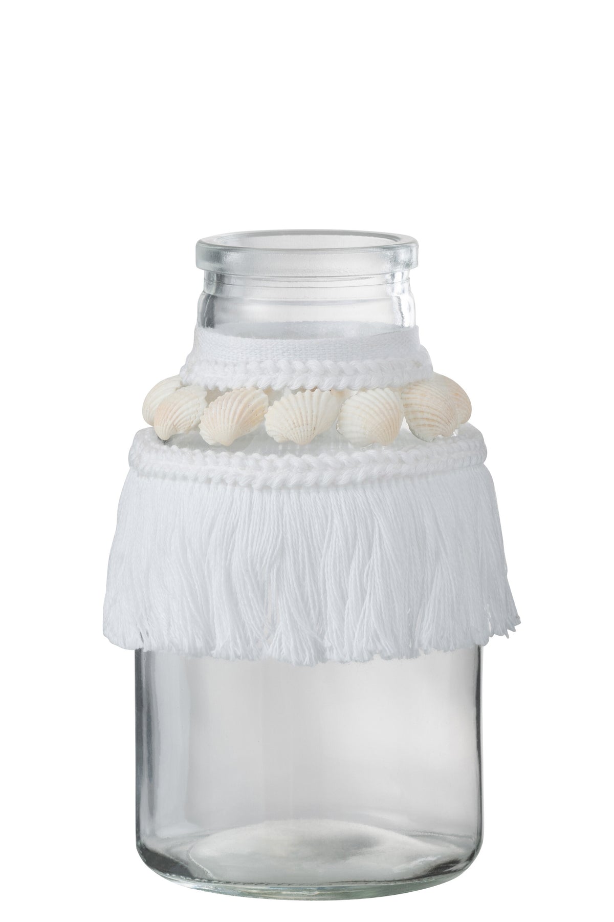 J-Line vaas Schelpen - glas/textiel - wit - large - 3 stuks - 14.5 cm hoog