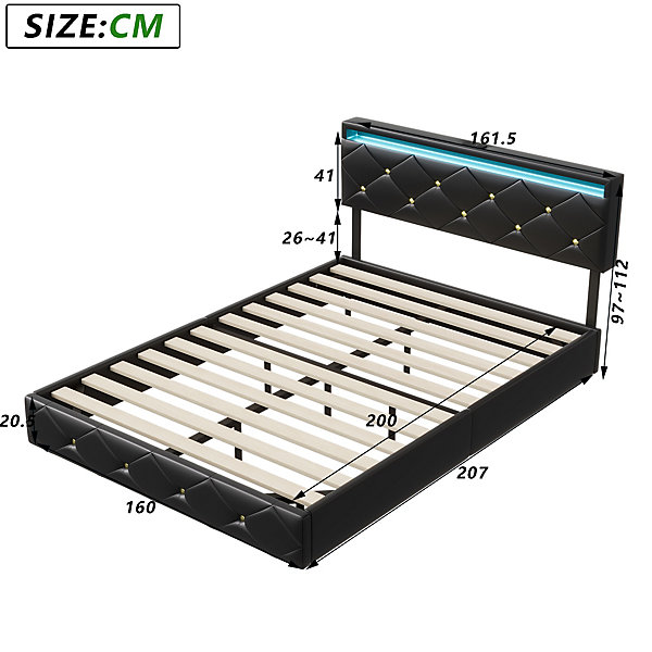 Lit Flottant 160x200 cm avec LED, Cadre Métal et Tête Rembourrée Réglable, Lit Double pour Adultes et Ados, Noir