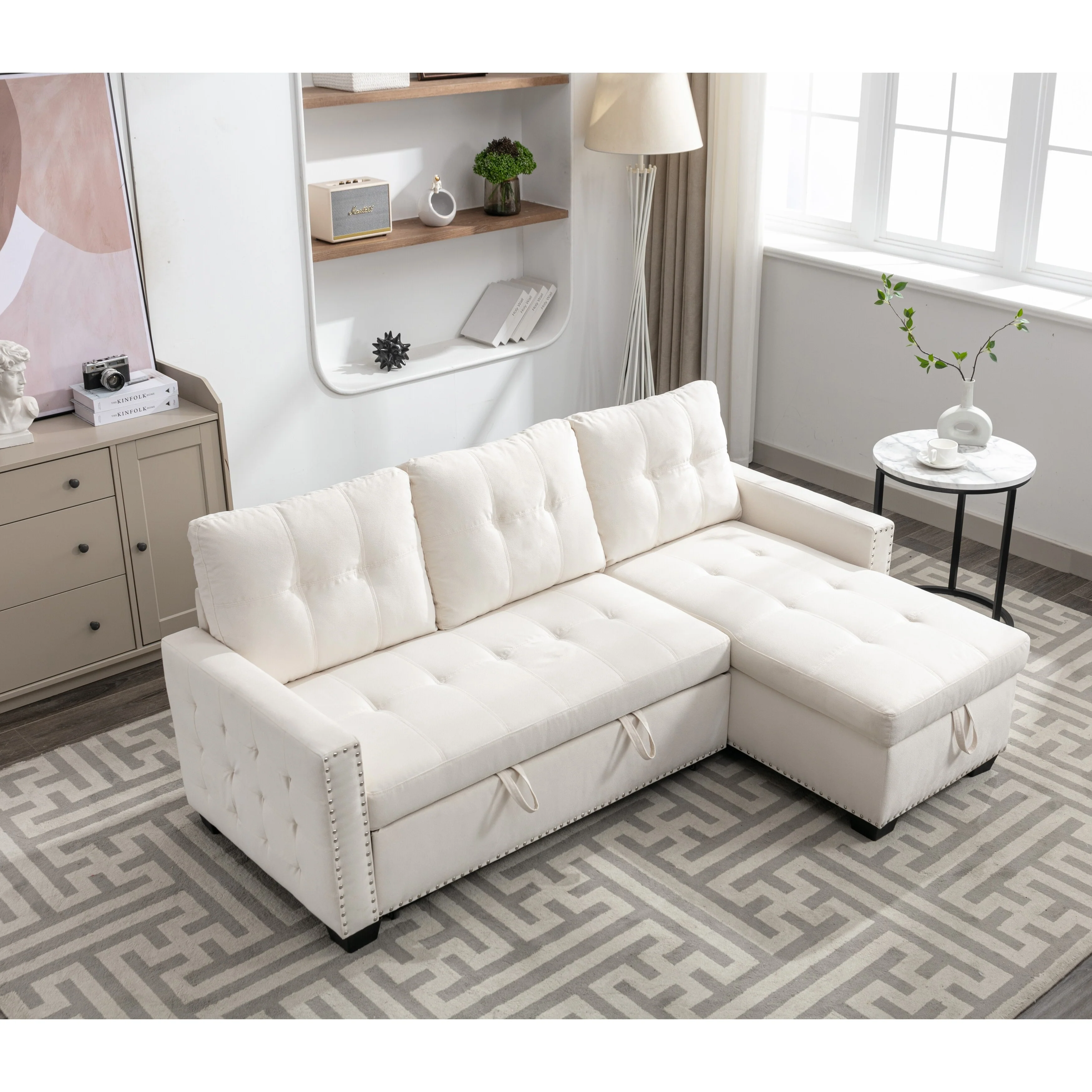 Modern Reversible Sectional Sofa with Pull Out Sleeper and Storage Chaise and Velvet Upholstery for Living Room or Guest Room