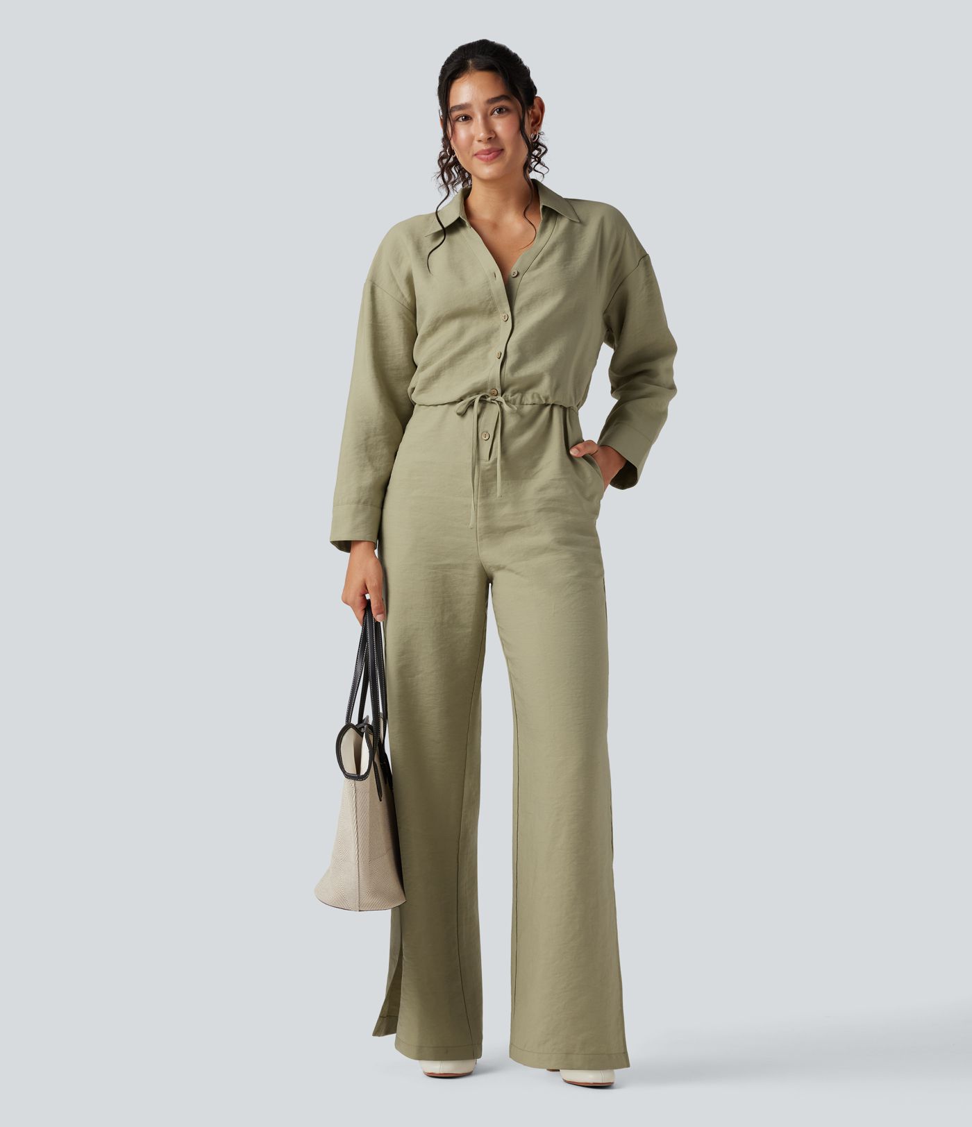 Combinaison pantalon de travail large à manches longues avec cordon de serrage et poches