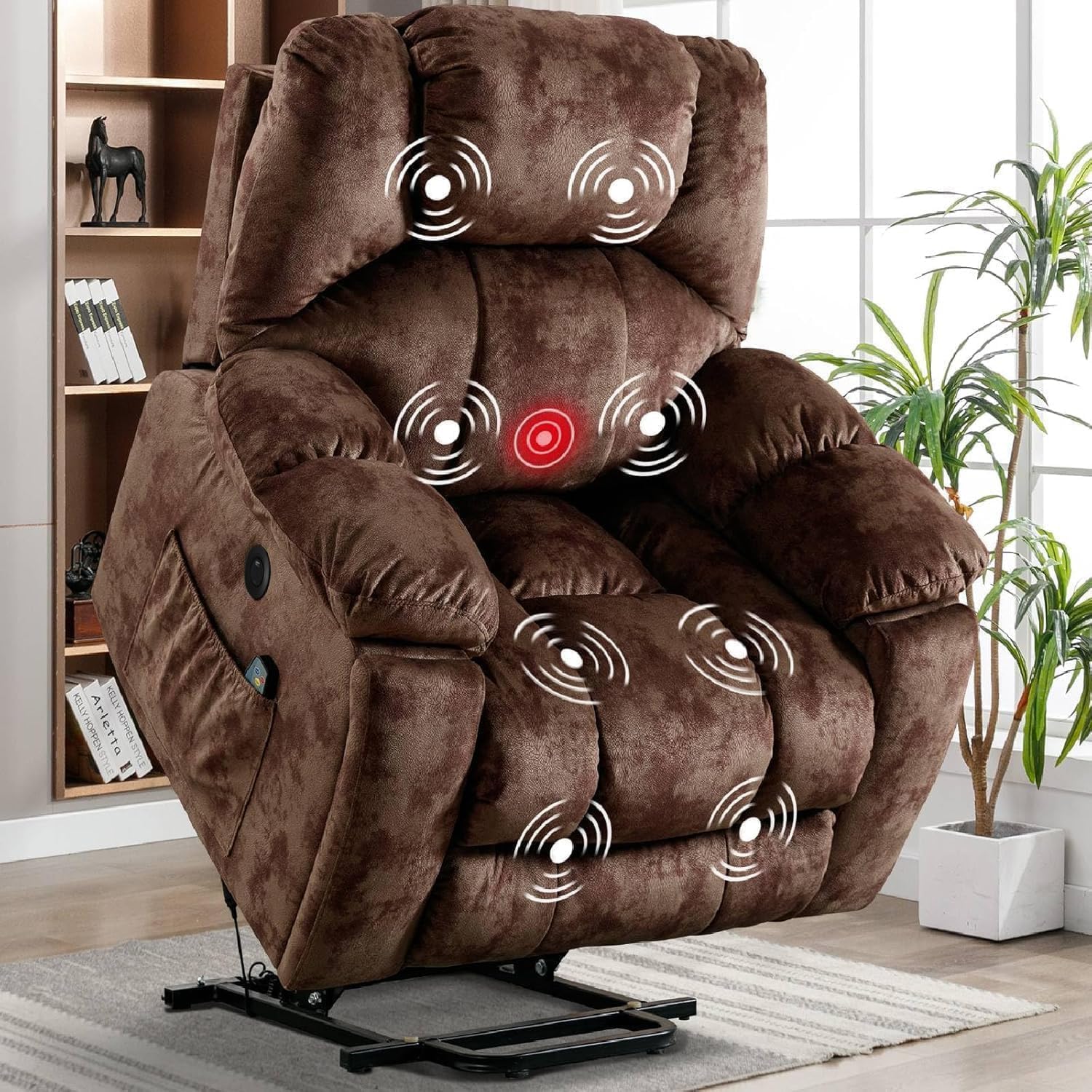 CANMOV Large Power Lift Recliner with Massage and Heat for Elderly, Heavy Duty Lift Recliner for Seniors with USB Port, 2 Hidden Cup Holders (Camel Brown)