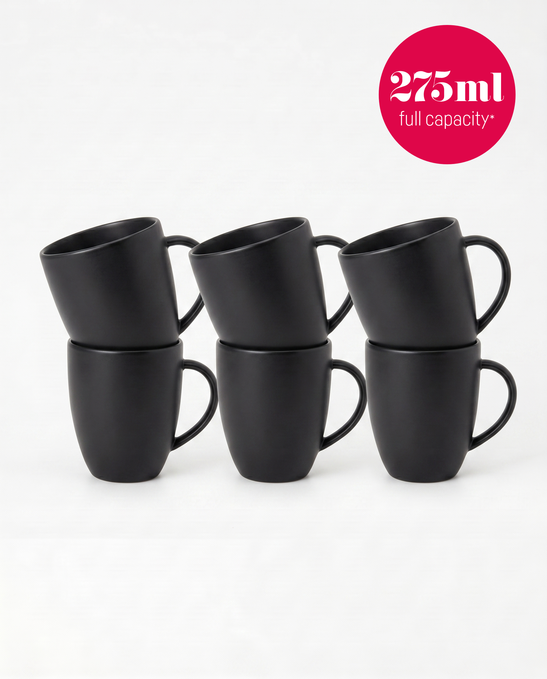 vtwonen - Basic - mokken set van 6 - porselein - mat zwart - 275 ml