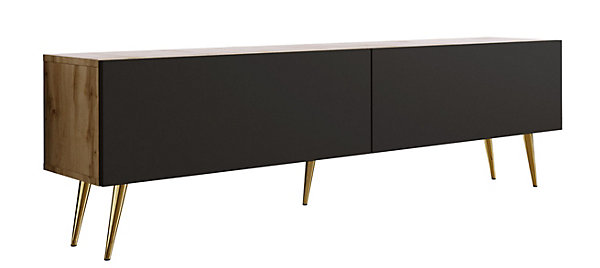 Meuble TV : Chêne Wotan / Noir Mat, Pieds Dorés, 170 X 52 X 32 Cm