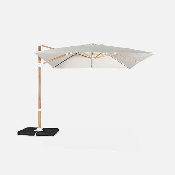 Parasol déporté carré ecru 3x3m structure effet bois   Lot de 4 dalles à lester 50x50cm