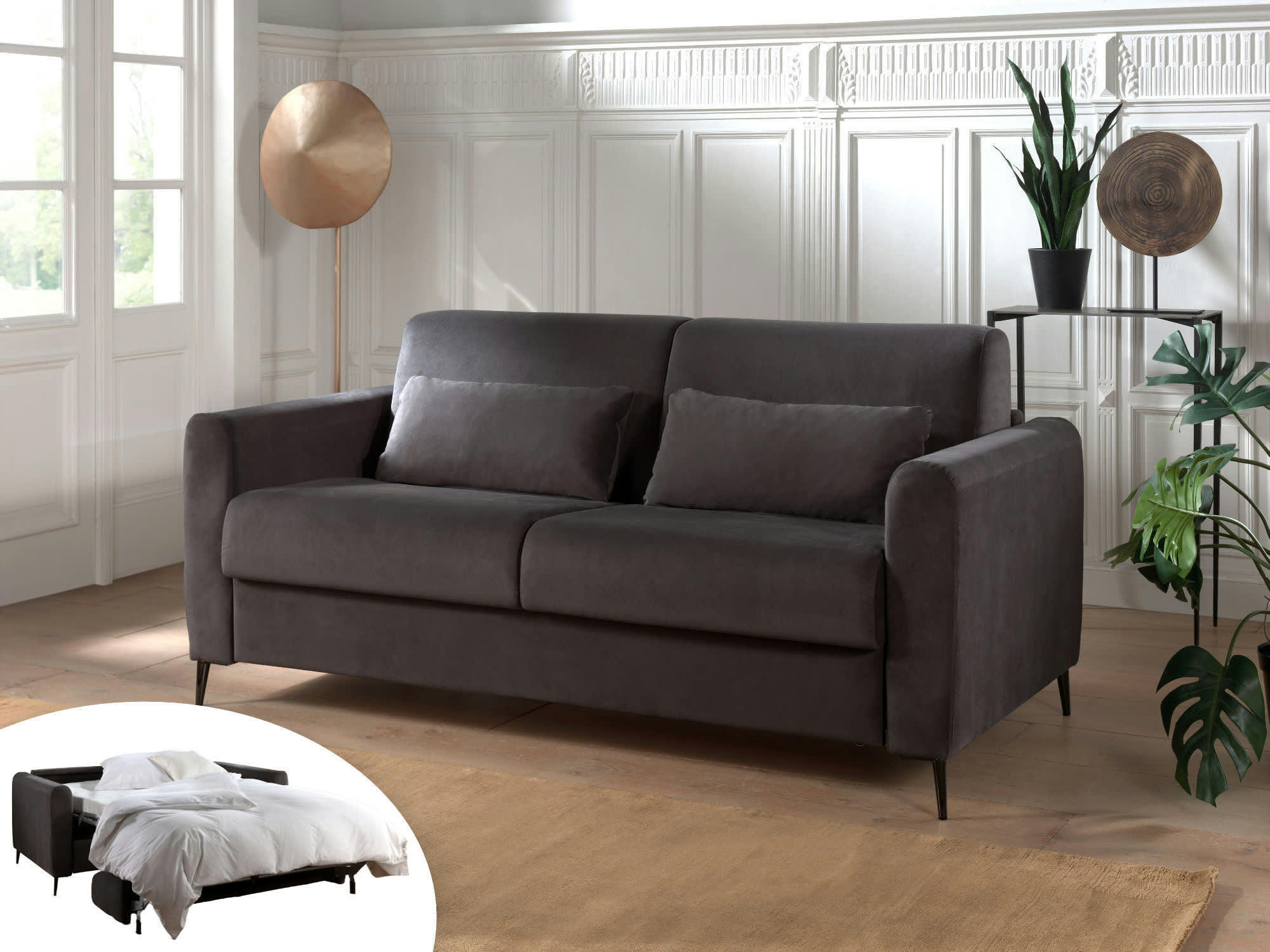 OWEN - Canapé droit convertible 3 places en velours gris foncé