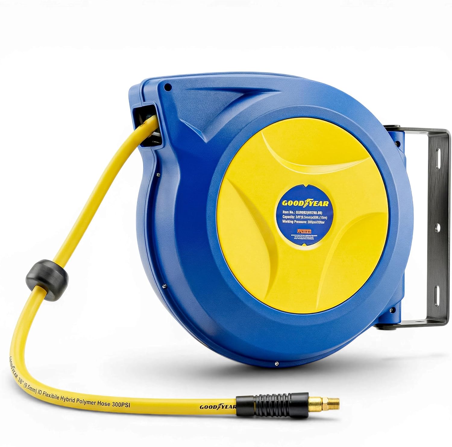 Goodyear Retractable Air Hose Reel, 3/8 x 50 FT, 300 PSI Hybrid Polymer Hose, Spring-Driven Automatic Rewind, Leak-Proof Swivel, Wall & Ceiling Mountable