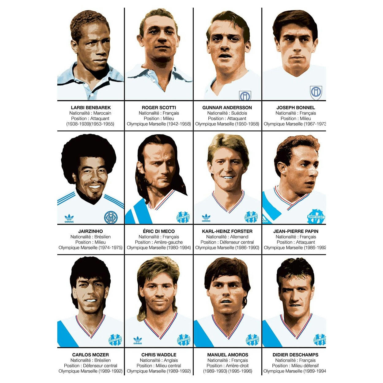 OLIVIER BOURDEREAU - LÉGENDES DE L'OLYMPIQUE DE MARSEILLE - Affiche d'art 30 x 40 cm