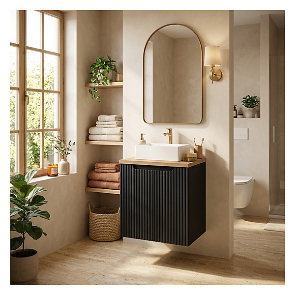 Ensemble de salle de bain suspendu VANO 50cm : meuble sous vasque à placards rainuré et plan pour vasque aspect chene clair